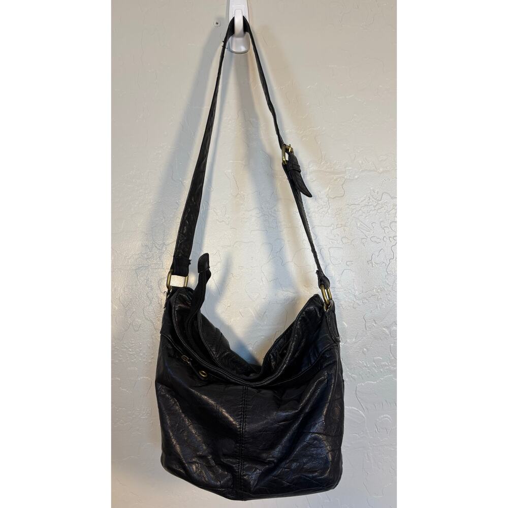 Stone Mountain Black Leather Slouch Hobo Crossbody Boho Moto Bag - Picture 3 of 16